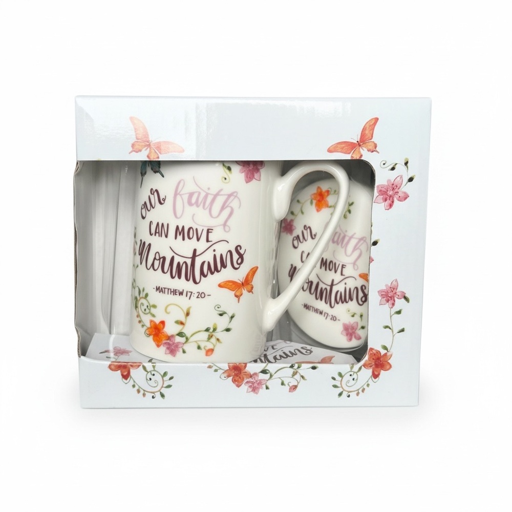 Mug Set, Faith Can Move Mountains Floral, Butterfly, Bible Verse